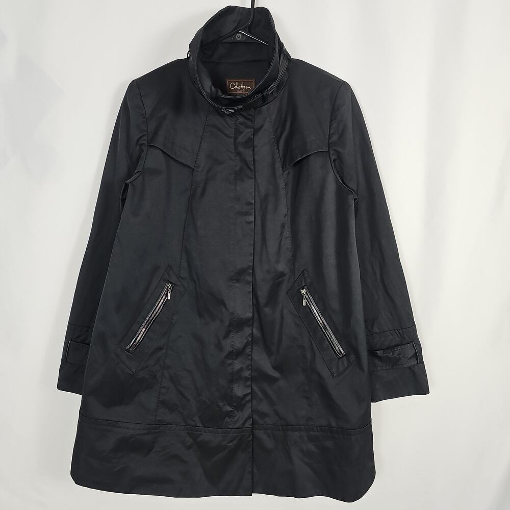 Cole Haan Signature Womens Size 6 Black Trench Rain Coat Lambskin Leather Trim